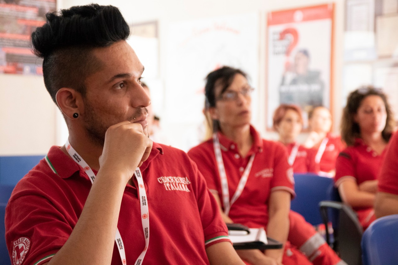 Italian Red Cross volunteers gather in Solferino, Italy for a training workshop on how to manage migrant reception centres