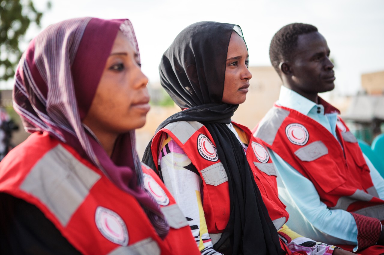 Sudanese Red Cross volunteers attend a volunteer meeting in White Nile state in July 2013