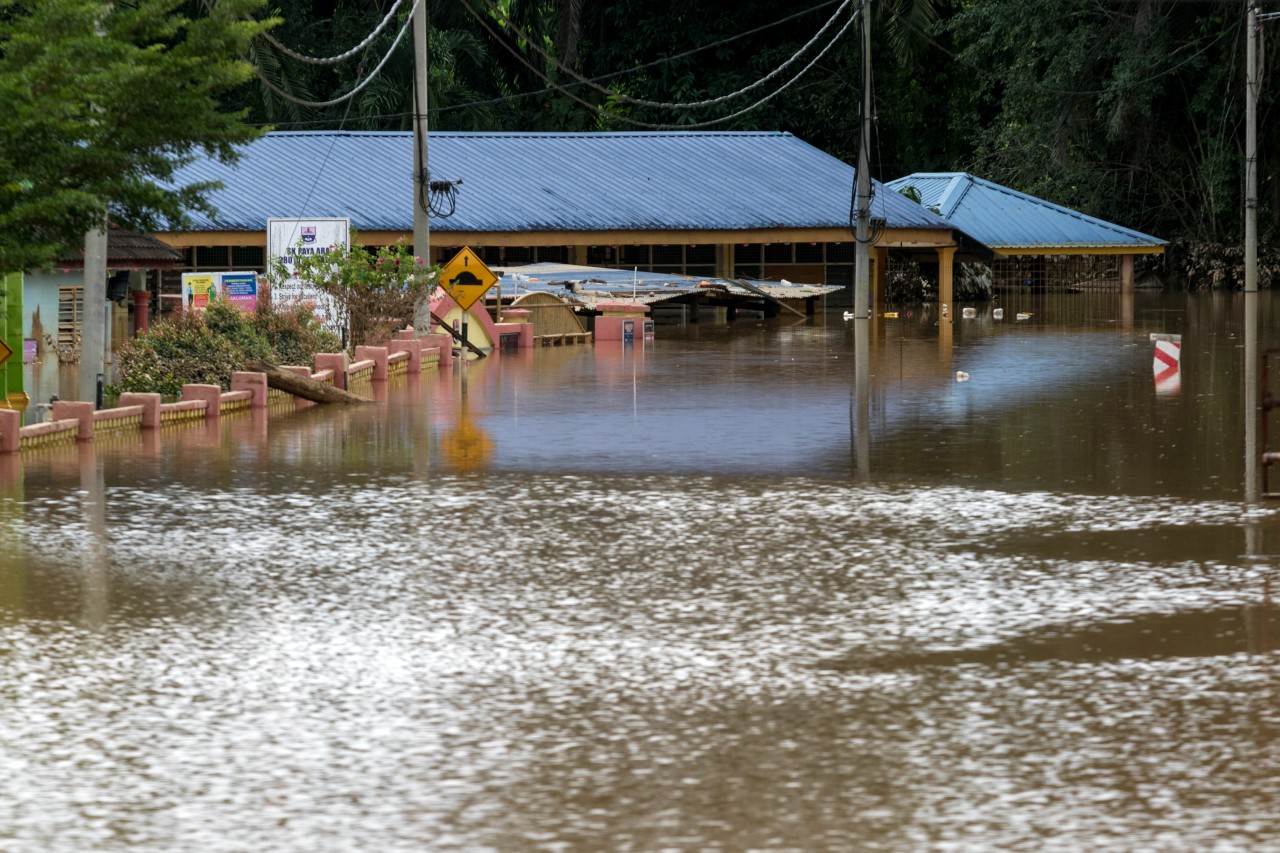 Flood waters in Temerloh, Malaysia in summer 2021 submerged roads and buildings