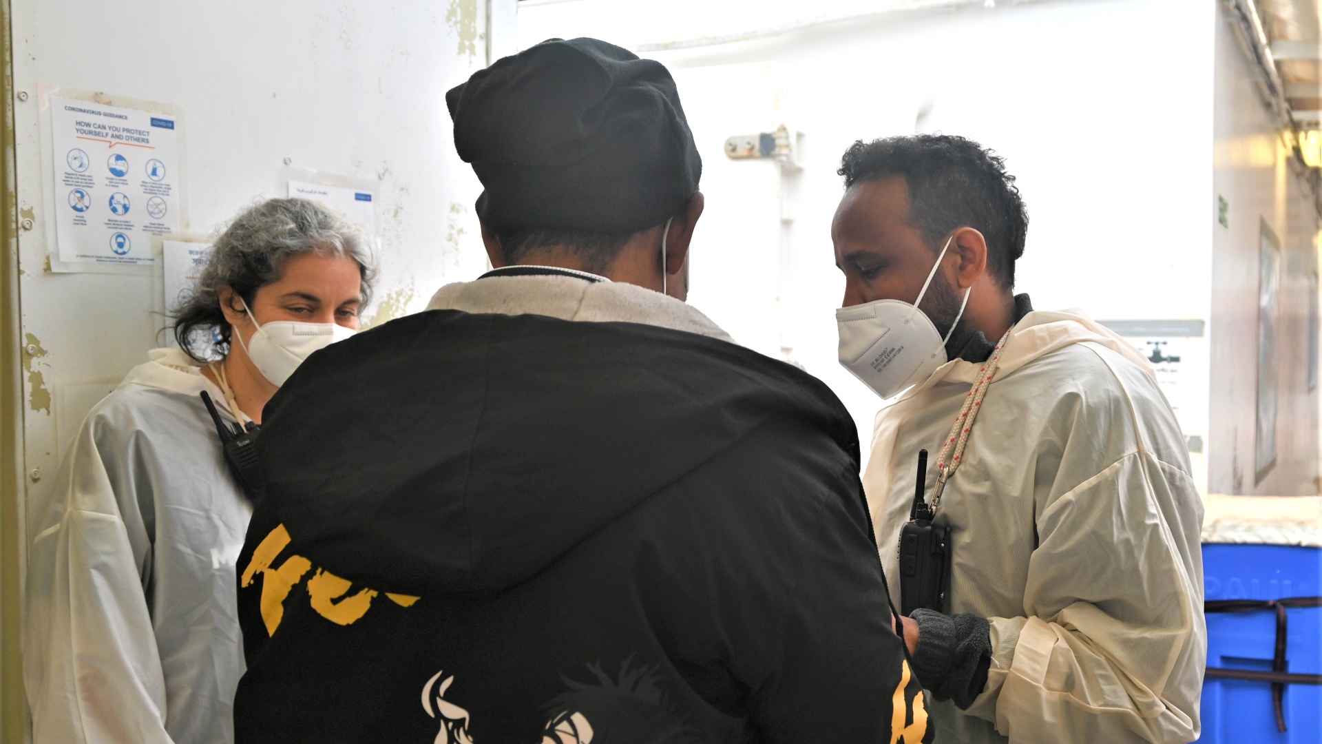 Abdel tends to a man called Haidar from Sudan who was rescued in the central Mediterranean by the Ocean Viking rescue ship in March 2022. 