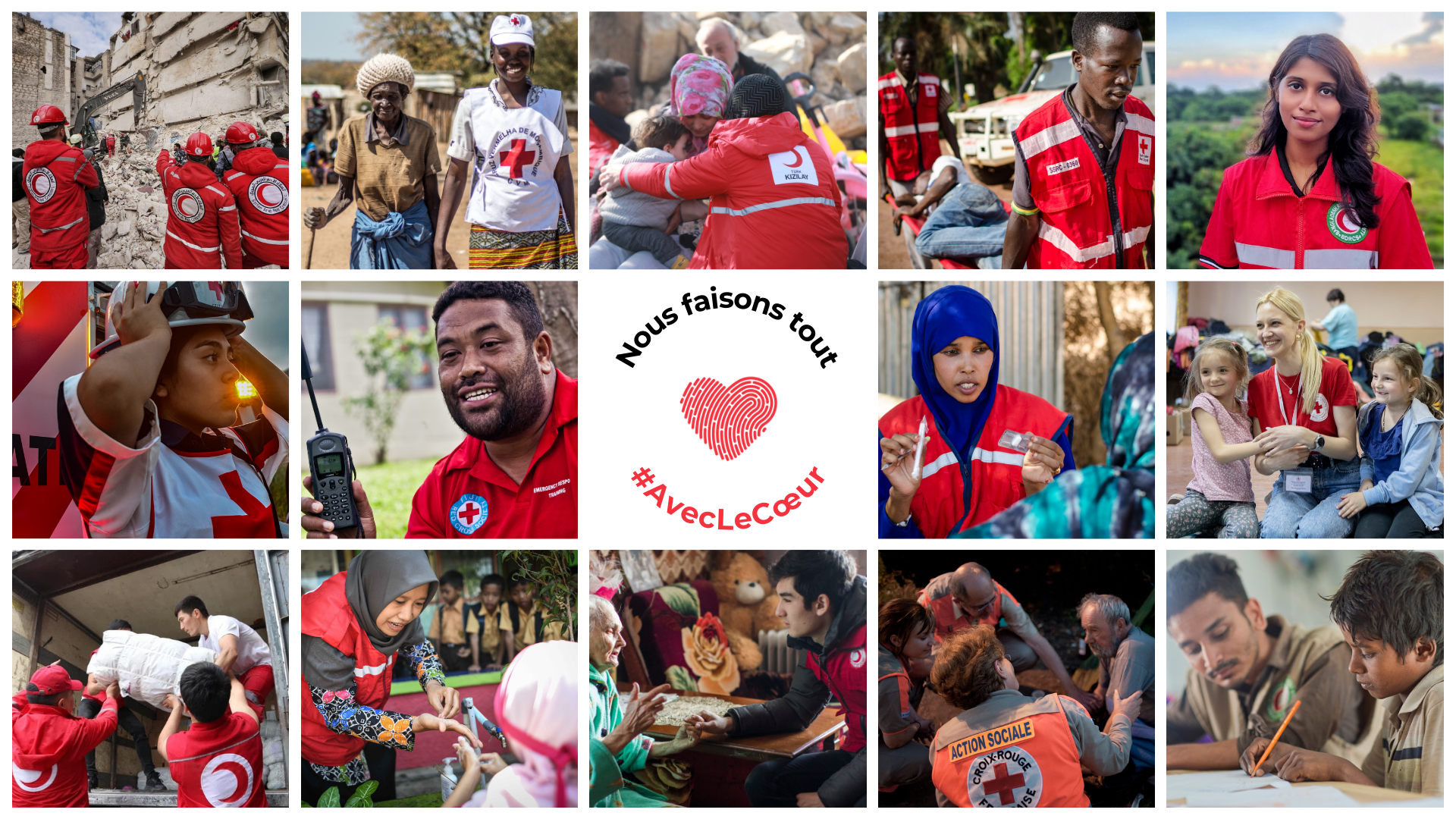 Collage photographique de volontaires de la Croix-Rouge et du Croissant-Rouge du monde entier aidant les personnes dans leurs communautés.