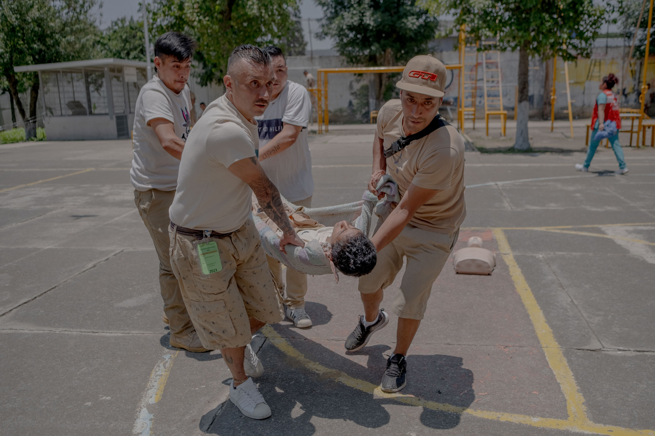 Detainees at a prison in Mexico City practise first aid as part of a training session provided by the Mexican Red Cross.