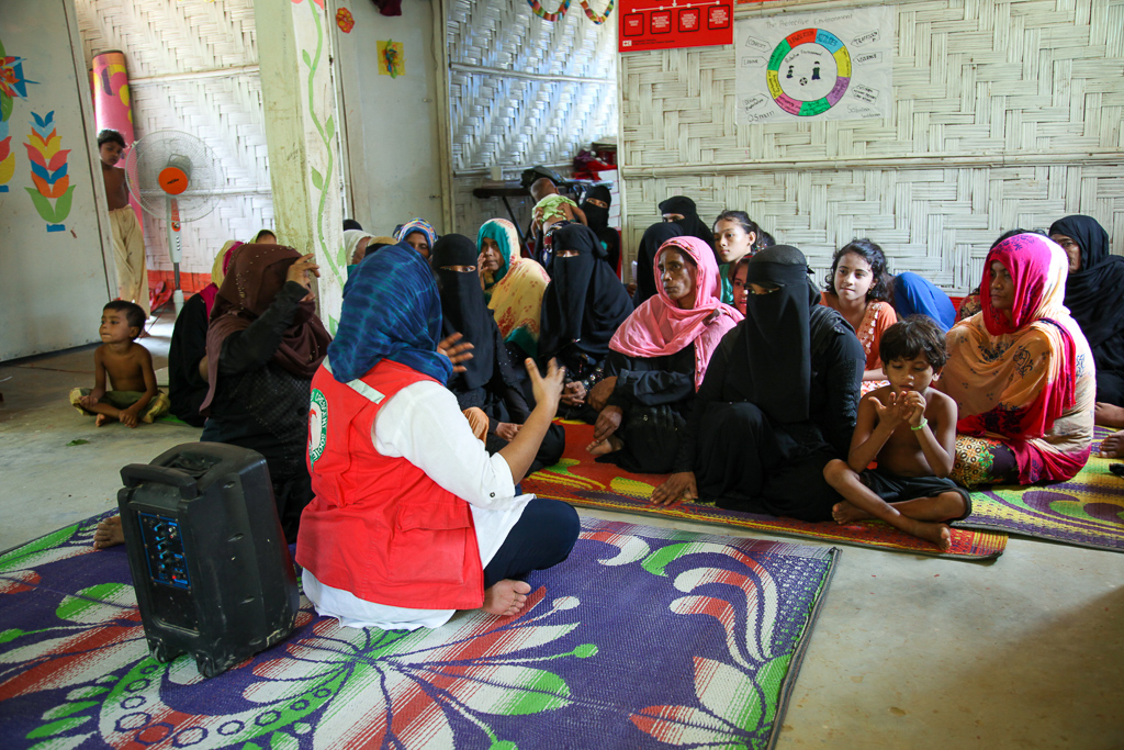 Raising awareness about sexual- and gender-based violence and its prevention is a key part of Red Cross and Red Crescent response operations. In Cox's Bazar refugee camp, the Bangladesh Red Crescent engages women and girls in discussions, livelihoods training and other ways to make them less vulnerable to exploitation.