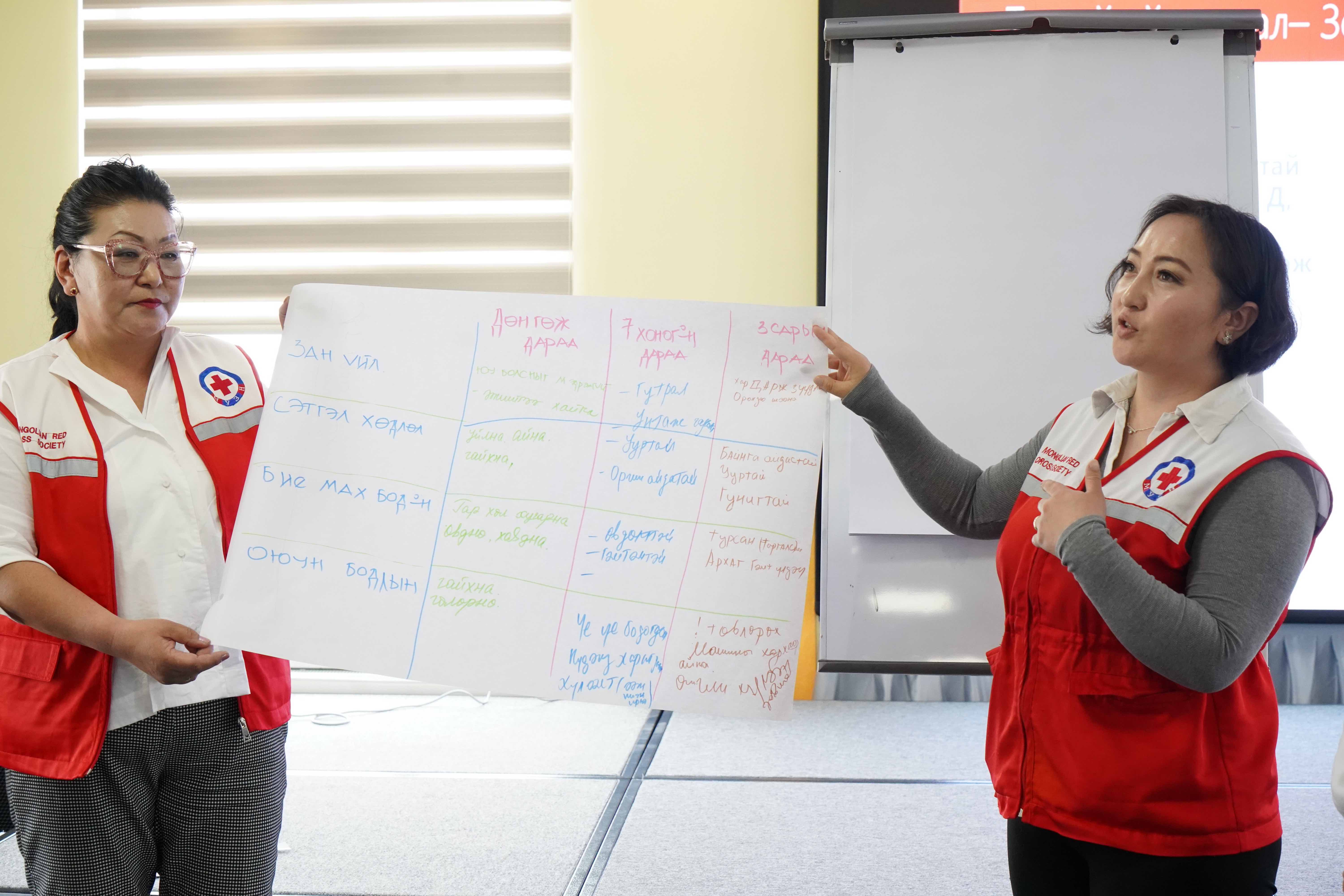 Members of the Mongolian Red Cross (MRCS) give a presentation about a project funded in 2022 by the Empress Shoken Fund to help MRCS use digital communication tools to ensure meaningful community participation across all its programs and operations.