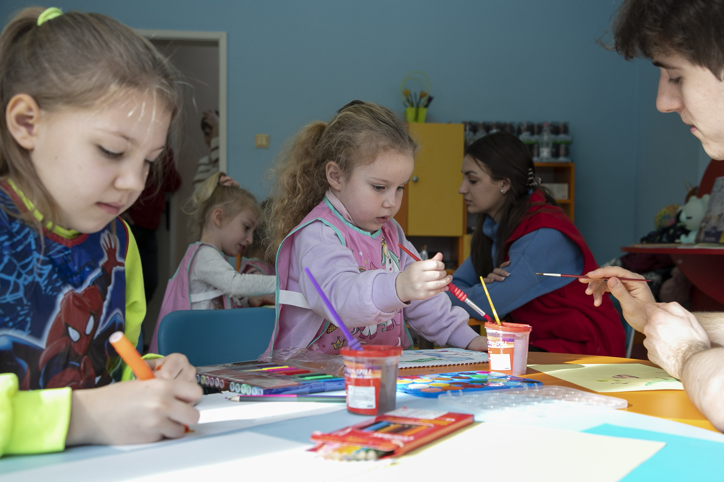 Kids participate in an art therapy session at the Bulgarian Red Cross branch in Plovdiv, Bulgaria.  