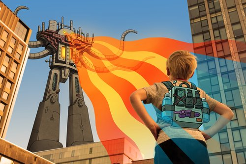 This work of art for Heat Action Day shows a young boy standing up to a towering, robotic alien that represents extreme heat and is emitting red and orange heat waves.