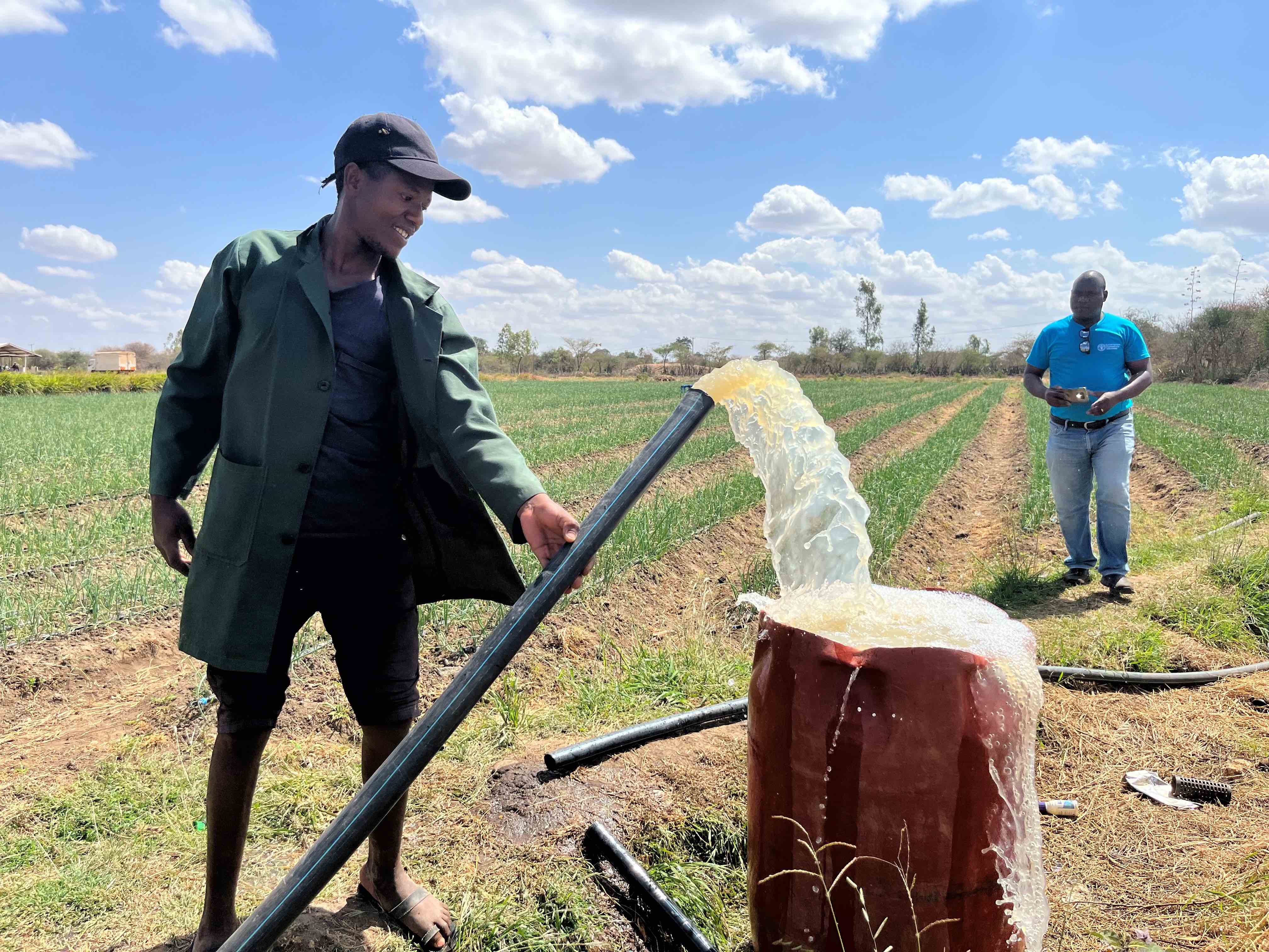 Water pours from an irrigation pipe next to a field of crops during an IFRC-FAO visit to a farm in Yatta, Kenya. 