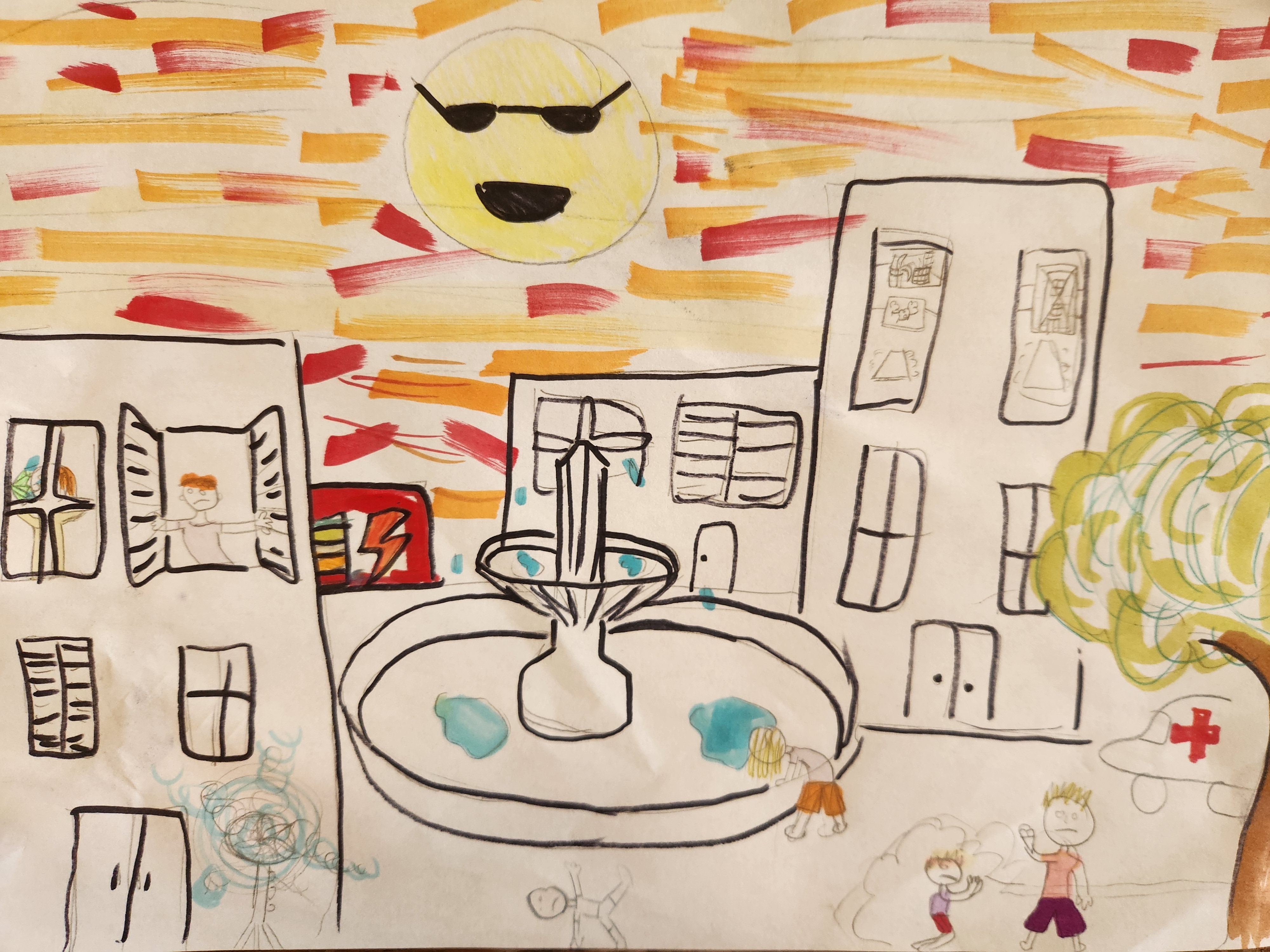 This painting, entitled ‘Fountain won’t save you’  from 11-year-old Indigo Thomas in Switzerland, shows a city square over which the sun is wearing dark glasses, a fountain appears to have dried up, and a Red Cross ambulance is arriving to take care of people fainting in the heat.