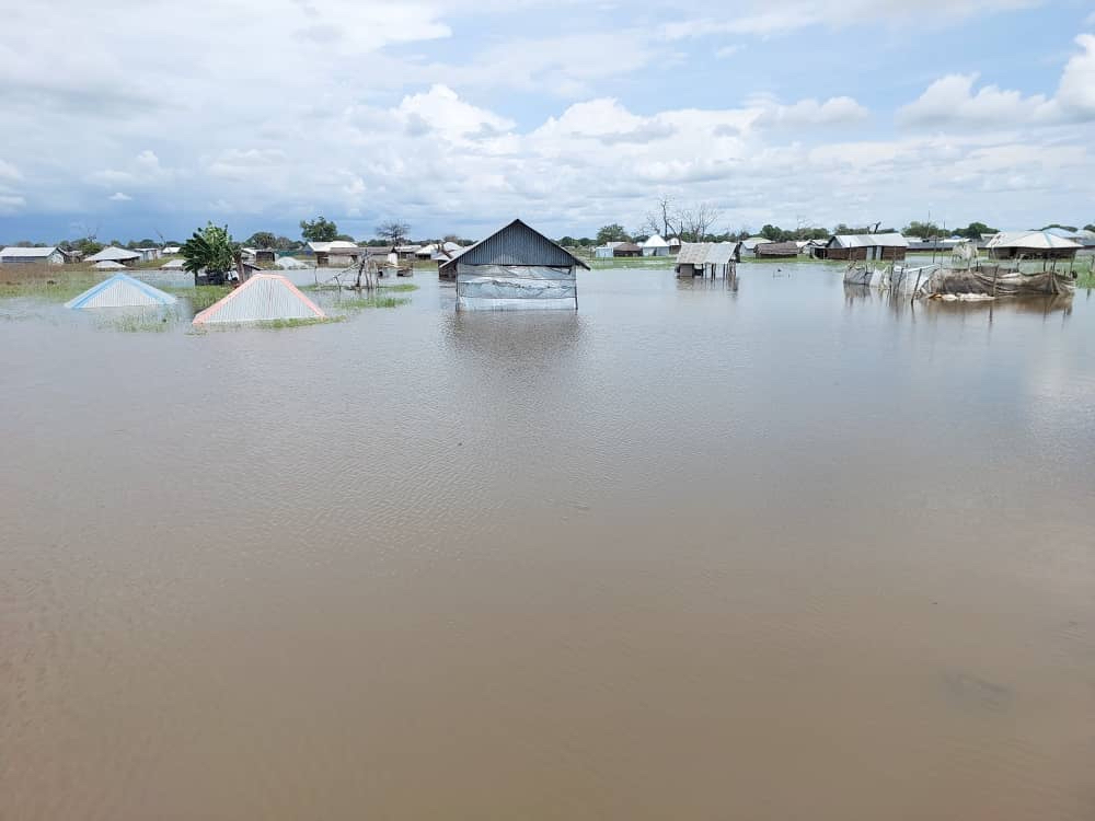 Houses in the town of Bor in Jonglei state, South Sudan, are covered in water following floods, one of many humanitarian challenges the South Sudan Red Cross has faced in recent years.  