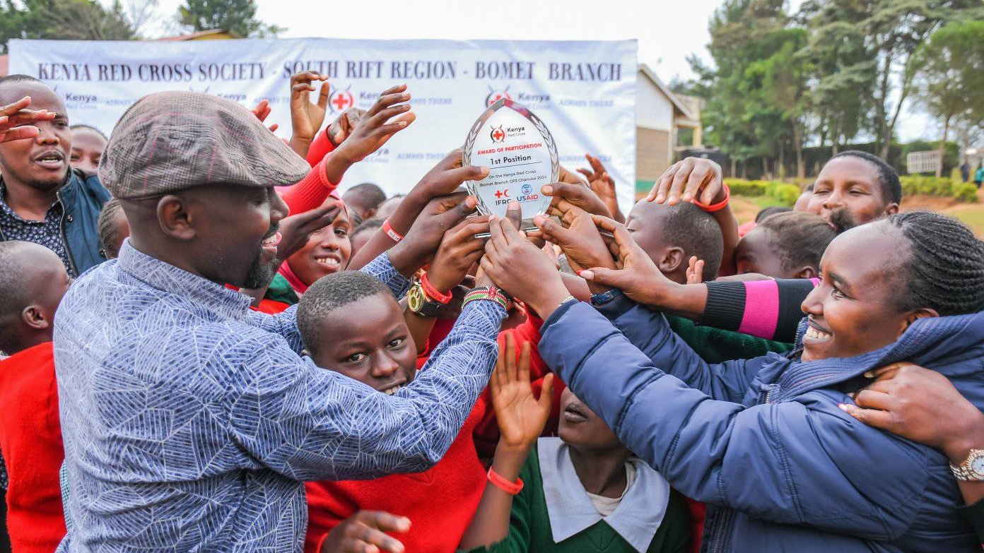 School children from Sotik primary school in Bomet County celebrate coming first in their Chanuka Challenge event held on 27 July.