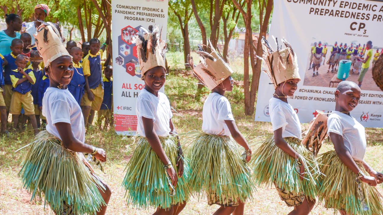 Children from Maragwa primary school in Tharaka Nithi county, Kenya perform a song and dance about infectious diseases for the Chanuka Challenge - a competition to test school children’s knowledge of how to prepare for and prevent disease threats.