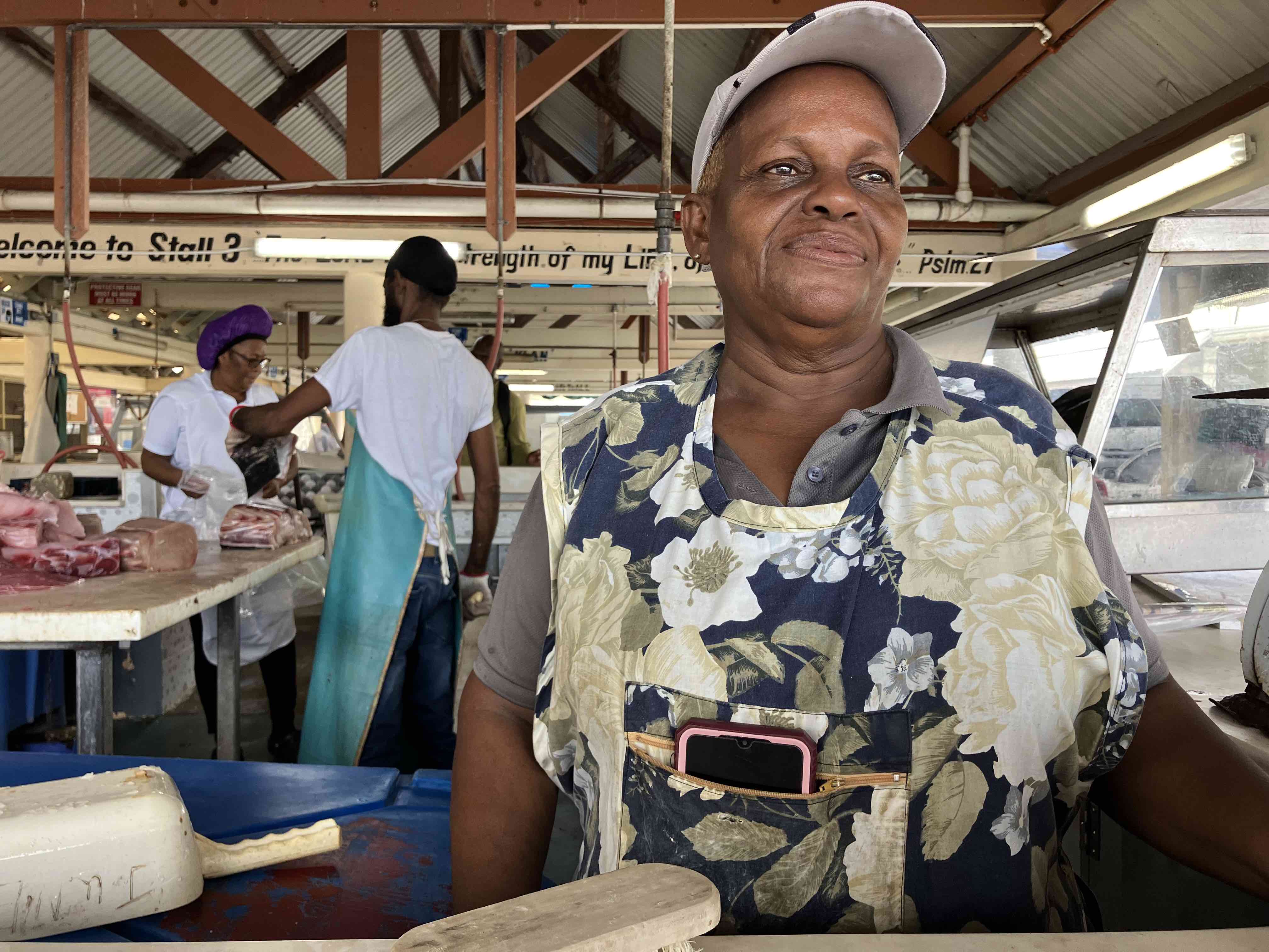 “This is my livelihood,” says June Cummins, a fish vendor at the Bridgetown Fish Market, Barbados. Before Hurricane Beryl, she earned around 250 USD a week. Now, she’s making around half of that or less. 