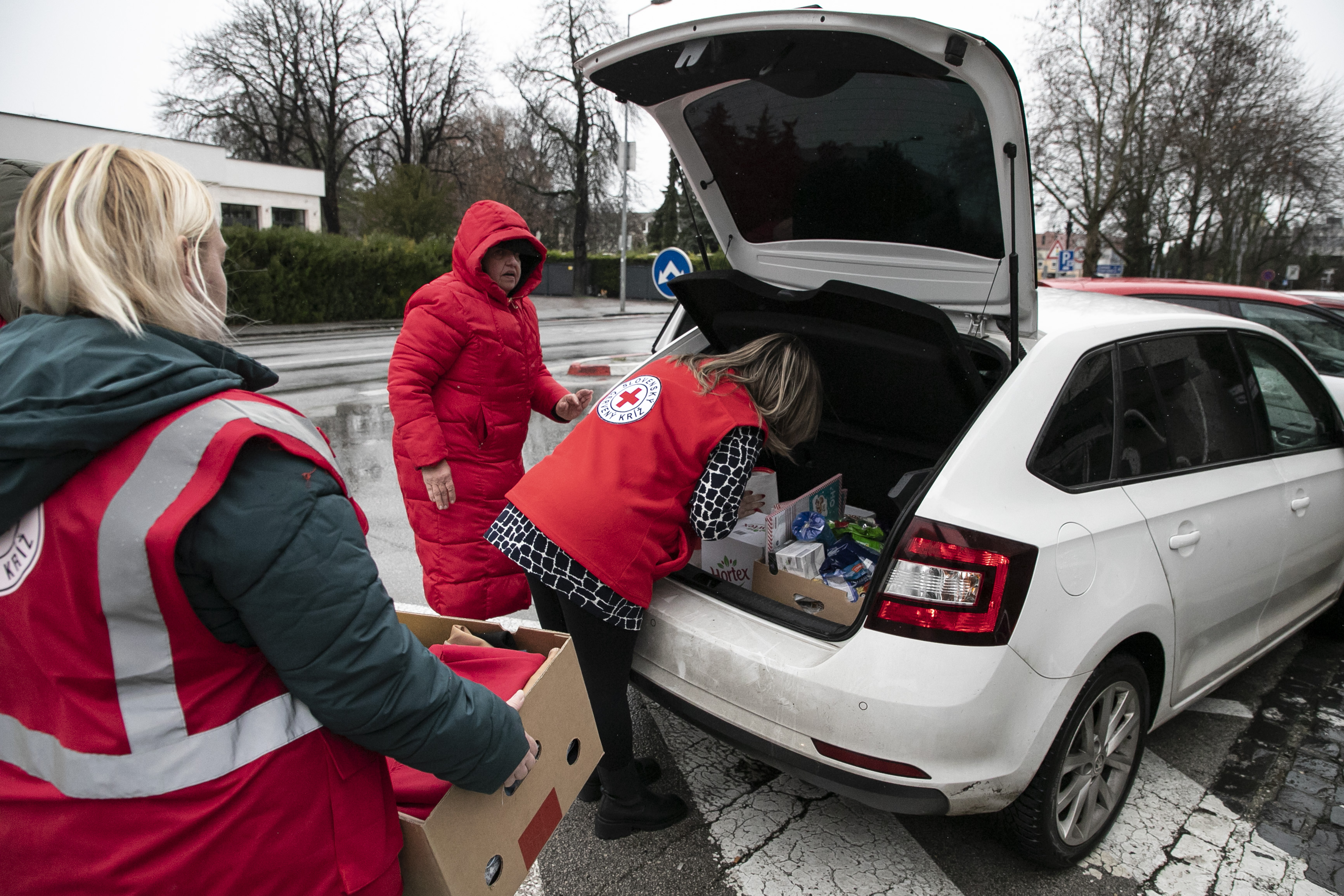 Volunteers with the Slovak Red Cross bring supplies to people displaced by the conflict in Ukraine.