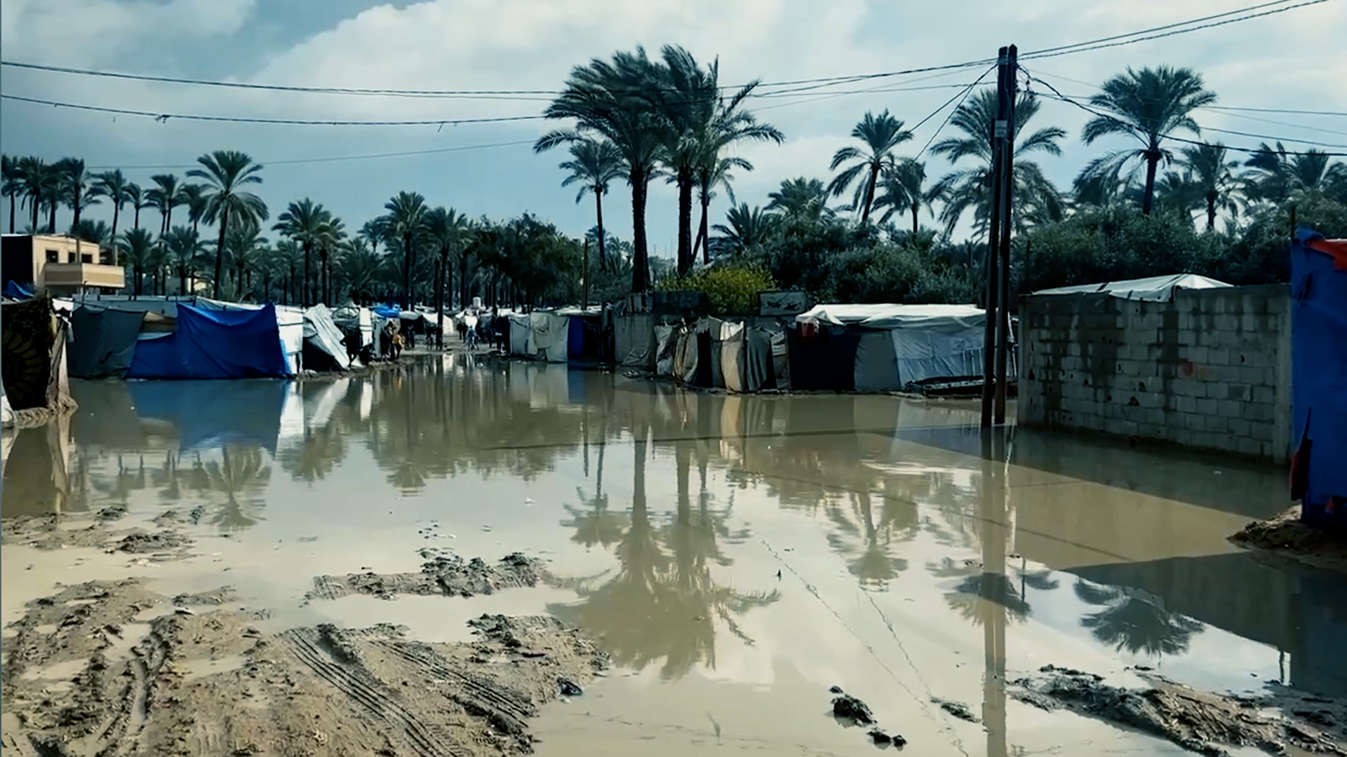 المياه الراكدة تحيط بالخيام في مخيم للنازحين في غزة. أدت الأمطار الأخيرة والطقس البارد إلى زيادة معاناة النازحين بسبب الصراع في غزة، وزيادة المخاطر الصحية عليهم. 