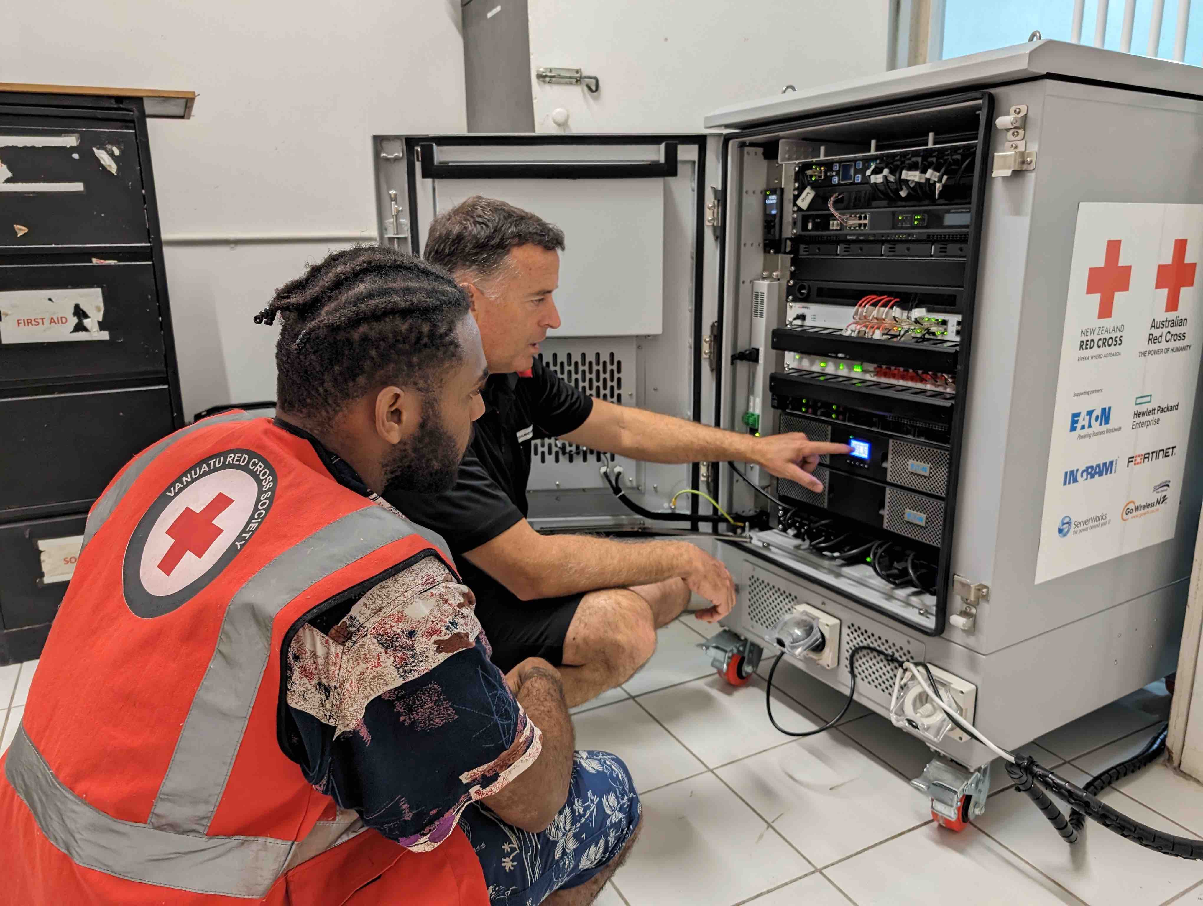 Vanuatu Red Cross and New Zealand Red Cross staff work together to operate a mobile information technology and communications tool designed specifically to ensure that emergency response communications are uninterrupted when they are needed most.  Known as 'IT in a box,' the system was provided by the New Zealand Red Cross.
