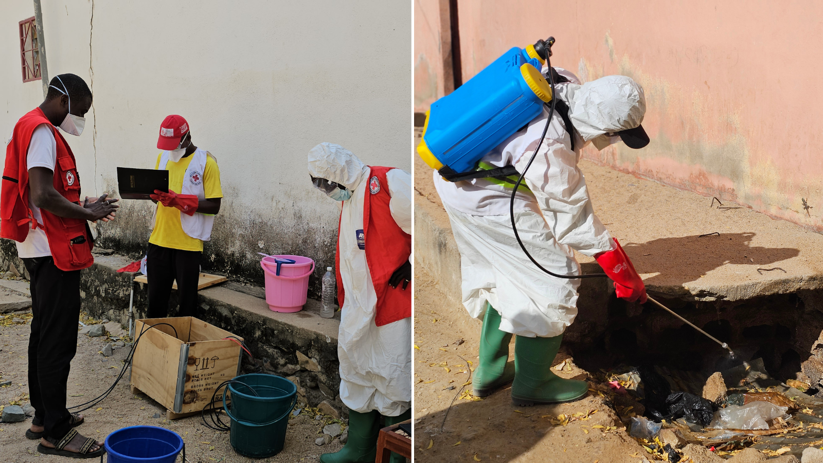  Cameroon Red Cross volunteers use a solar-powered chlorine production unit to produce chlorine for treating water and for household and community disinfection. Volunteers had already produced a large supply of chlorine prior to the cholera outbreak being detected, enabling them to deploy quickly. Right: A Cameroon Red Cross volunteer disinfects an unsanitary area in Maroua after the cholera epidemic was declared. 