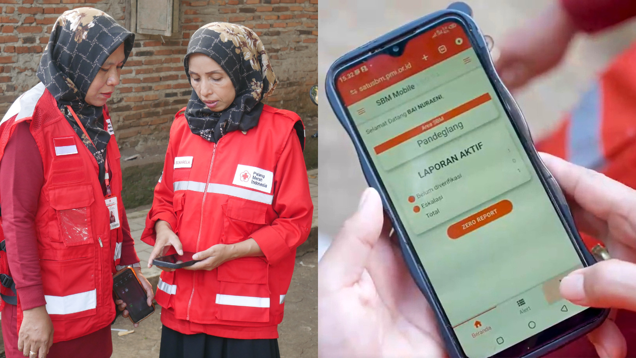 Indonesian Red Cross volunteers Bu Susi and Bu M’bai use a mobile phone-based community-based surveillance system called SatuSBM to report unusual health events in their community to their supervisor, who can then investigate quickly escalate to the local health authorities for rapid response to disease outbreaks.