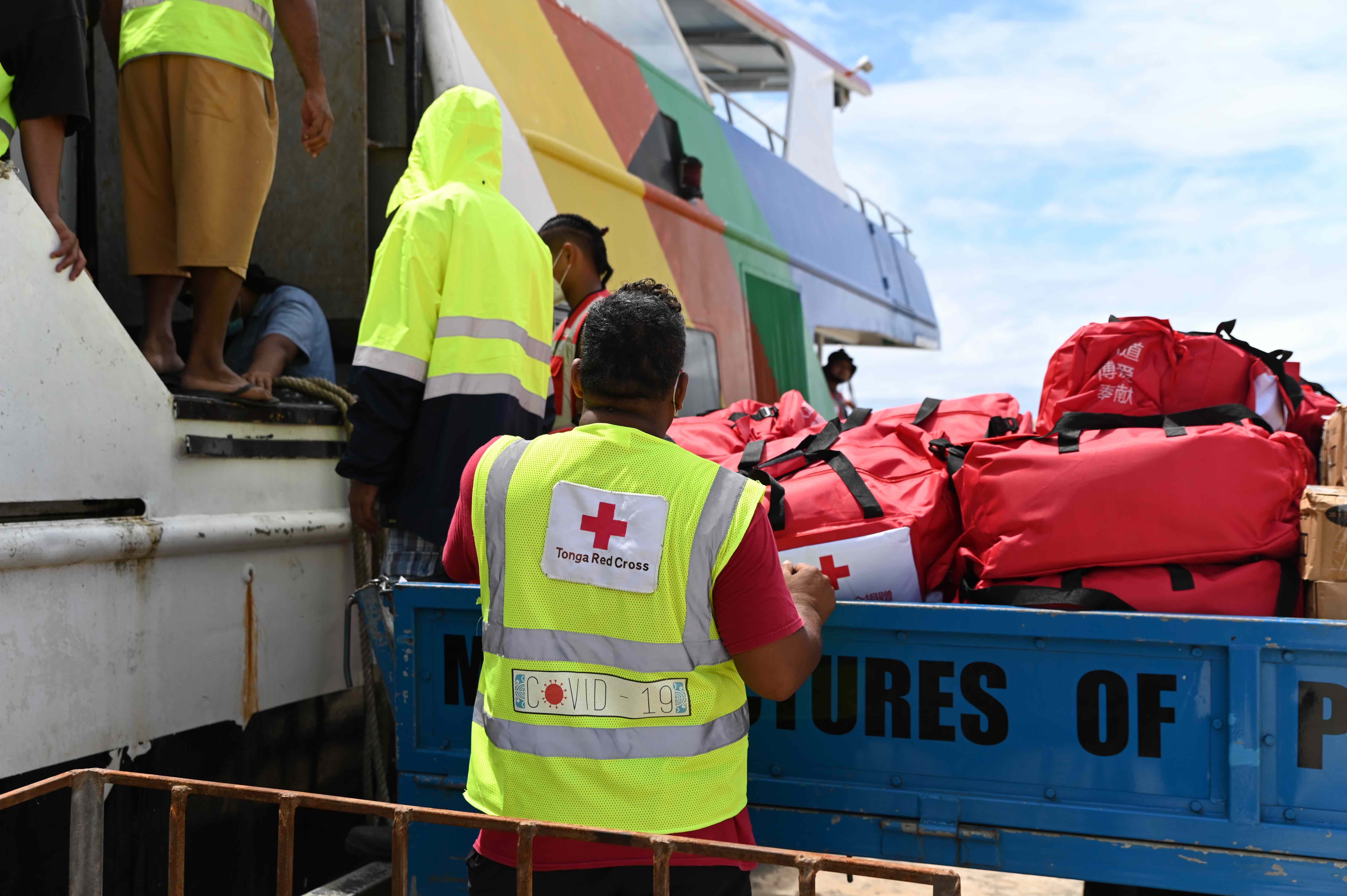 After a volcanic eruption overwhelmed many communities on the Pacific island nation of Tonga in 2022, staff and volunteers from the Tonga Red Cross distributed critical drinking water, hygiene kits and basic food packages to the hardest-hit villages.