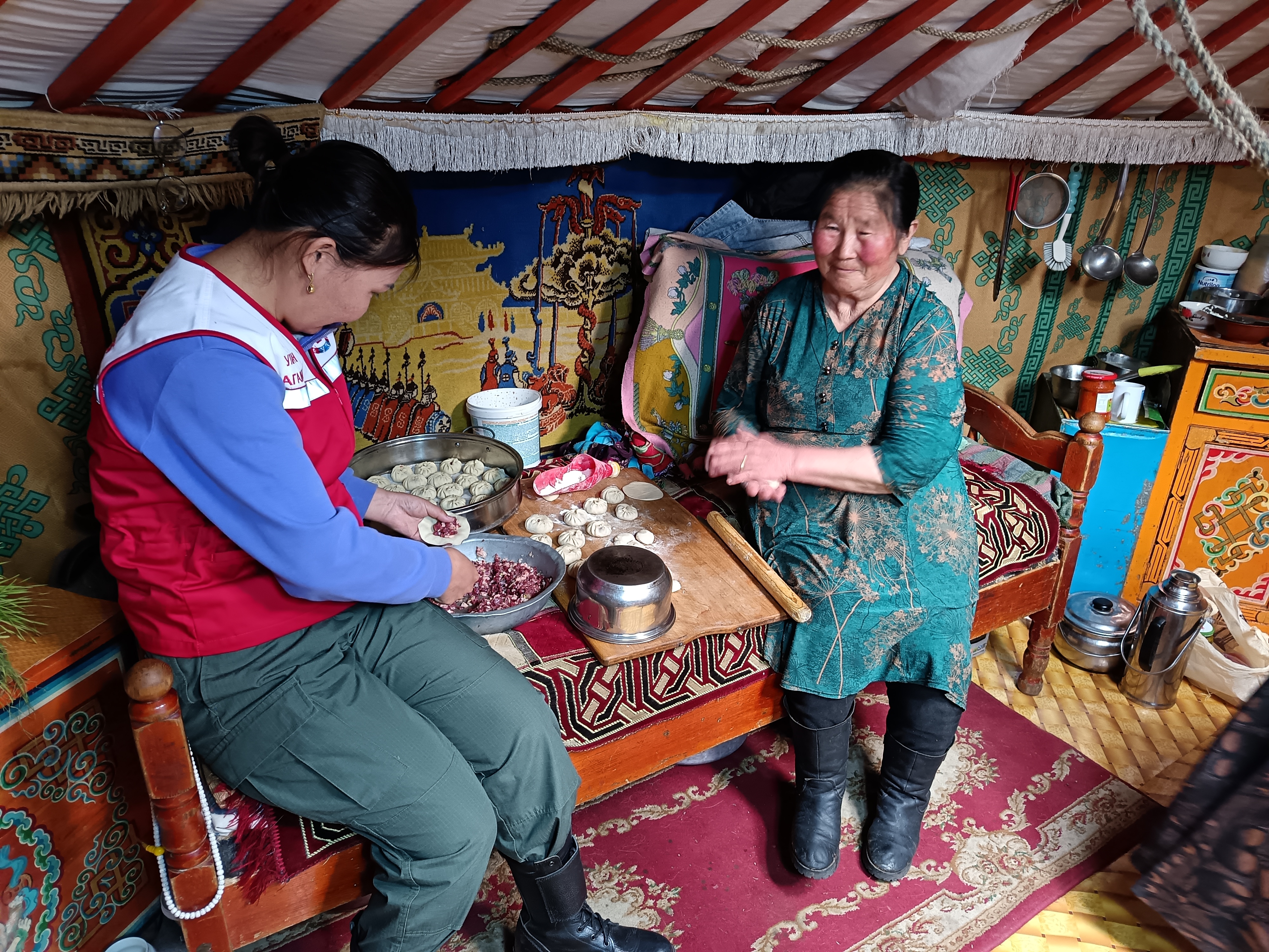 A member of the Mongolian Red Cross visits with a local herding family that received various forms of emergency assistance after a period of extreme cold caused widespread damage to livestock across the country in 2024.