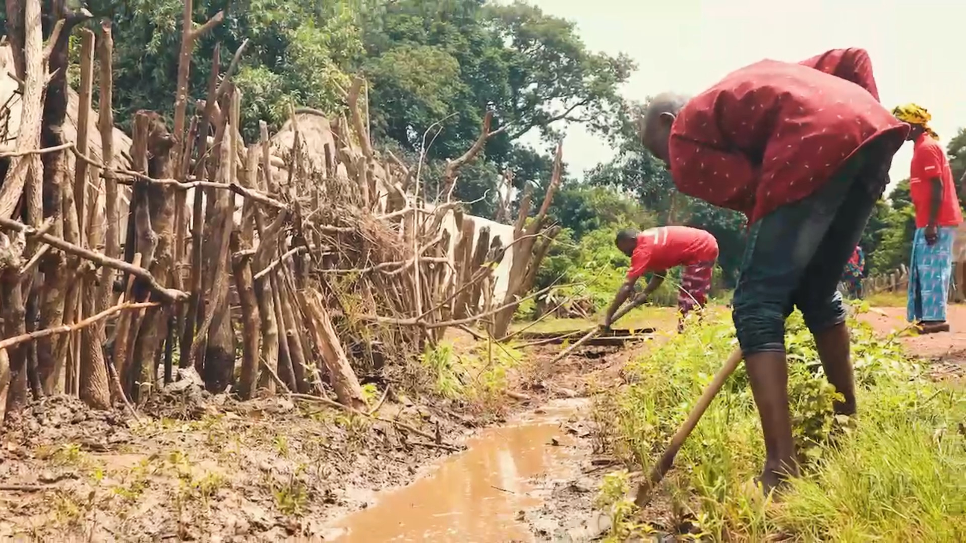 Villagers and Guinea Red Cross volunteers in Dalafilani village dig a canal system to prevent flooding and reduce related disease risks. 