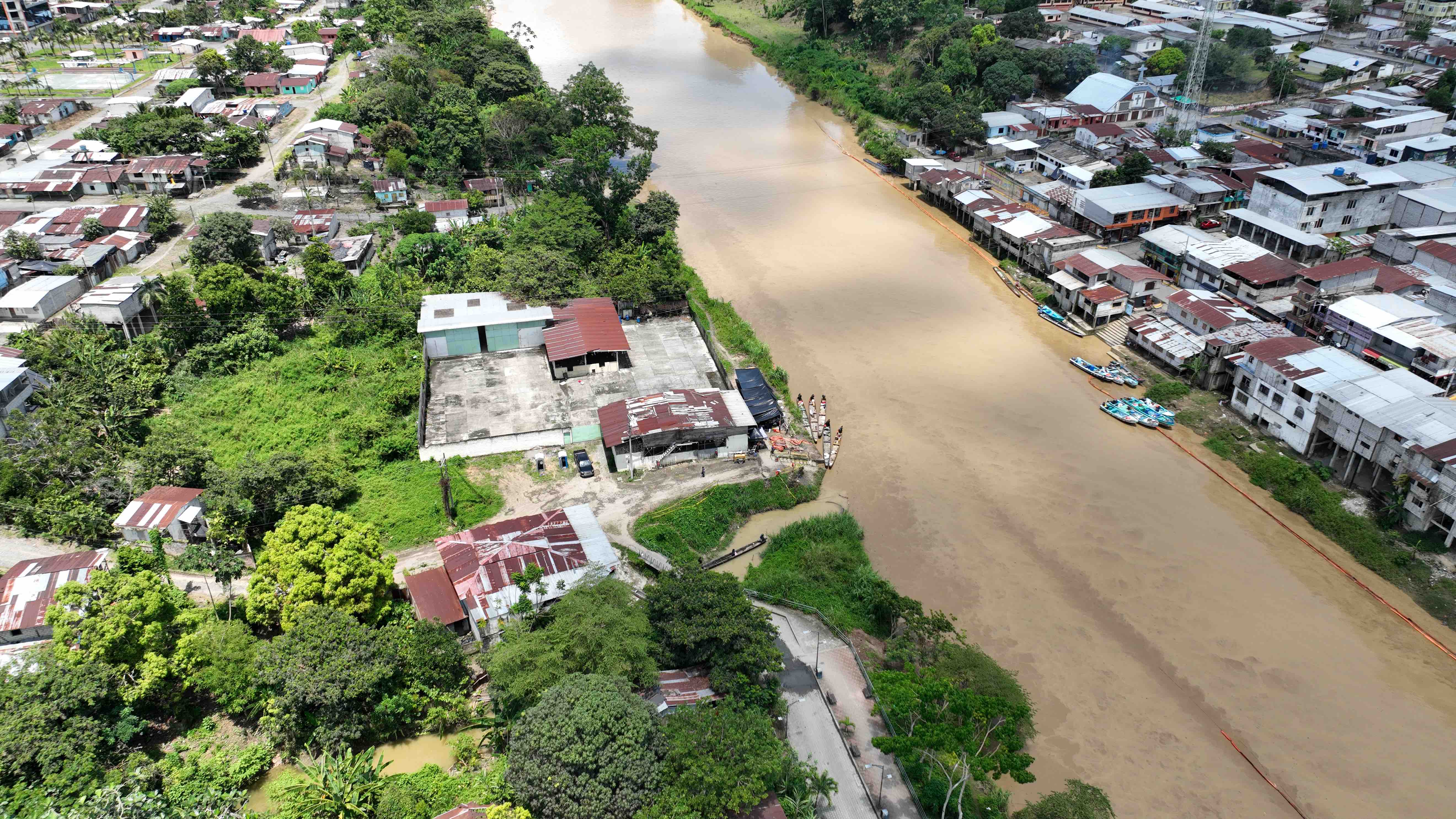 An aerial view of communities along the Esmeraldas River in Ecuador that have been heavily impacted by an oil spill three months ago.