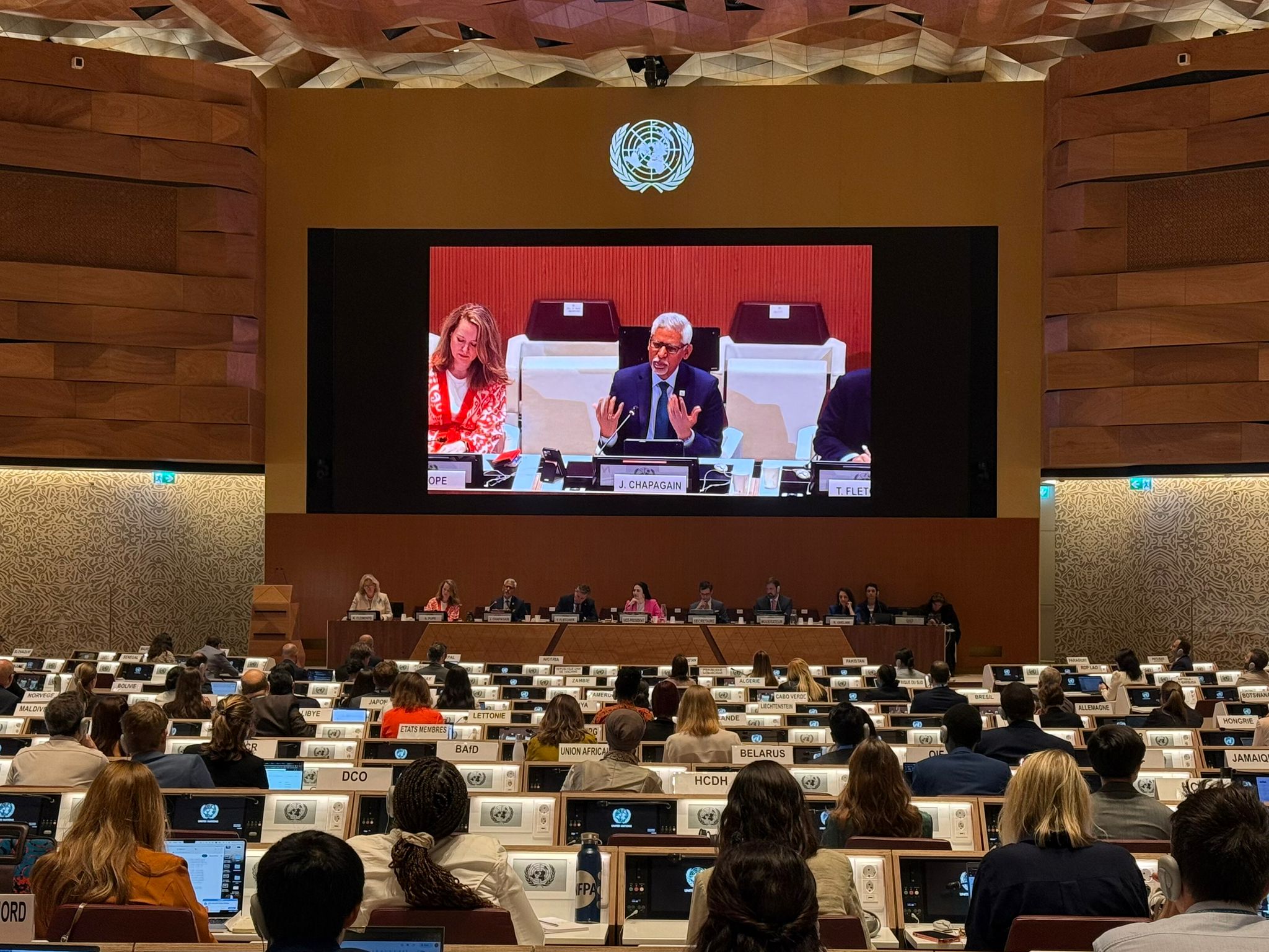 IFRC Secretary General Jagan Chapagain makes a point during his remarks to the United Nations’ Economic and Social Council on Humanitarian Affairs session at the Palais des Nations in Geneva, Switzerland on 18 June, 2025.