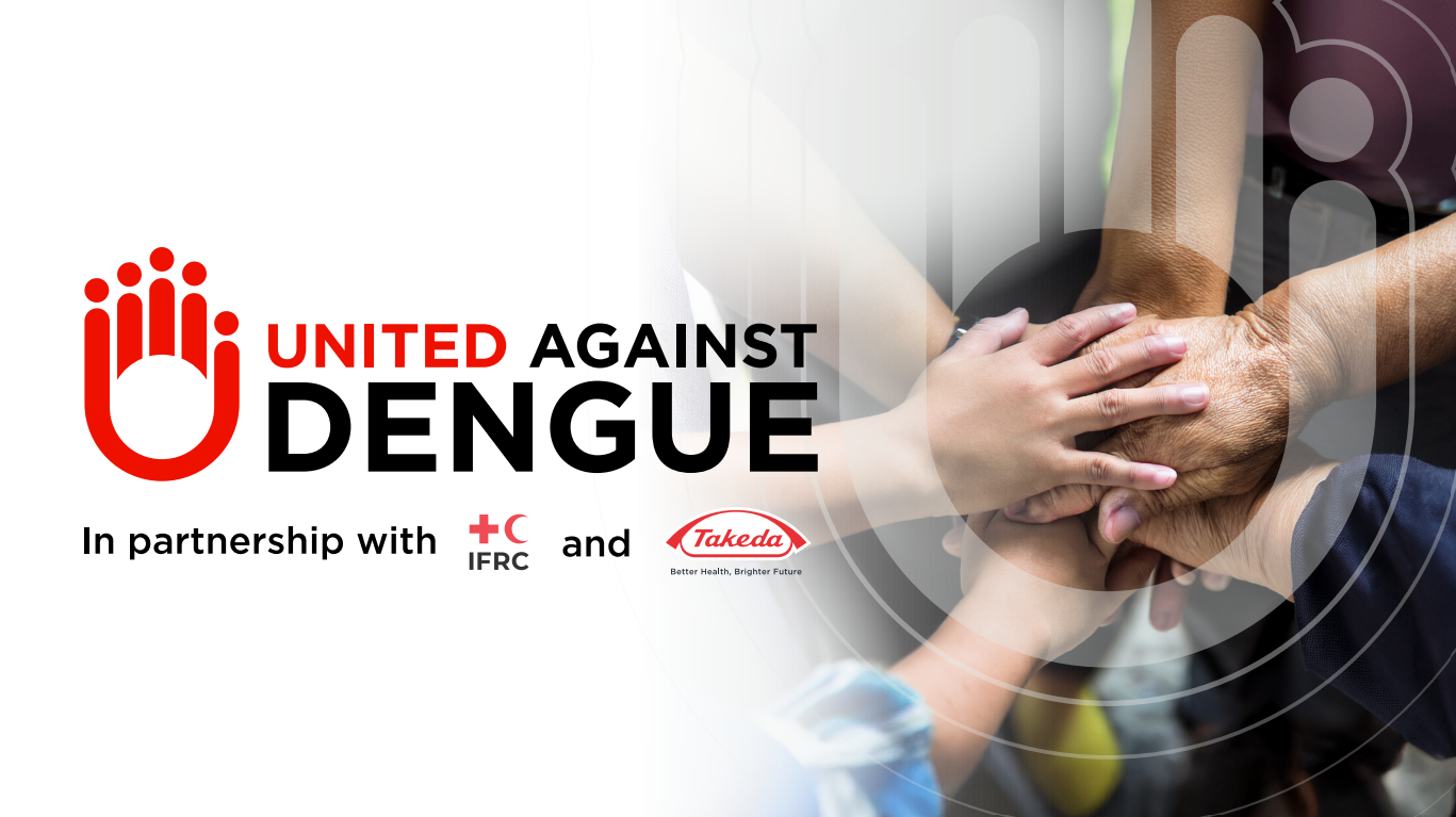 Promotional logo for the United Against Dengue initiative, in partnership with the IFRC and Takeda Pharmaceuticals.