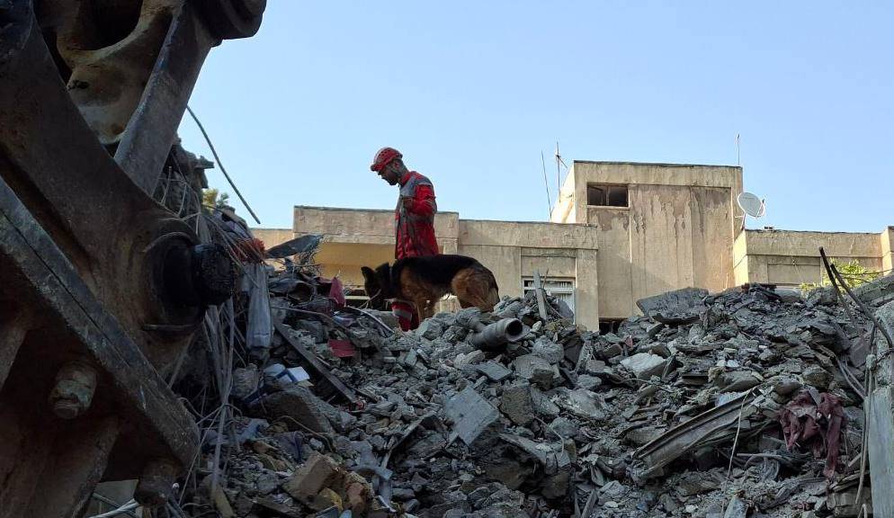 Accompanied by a search-and-rescue dog, an emergency responder for the Iranian Red Crescent searches through the rubble of a building for survivors.