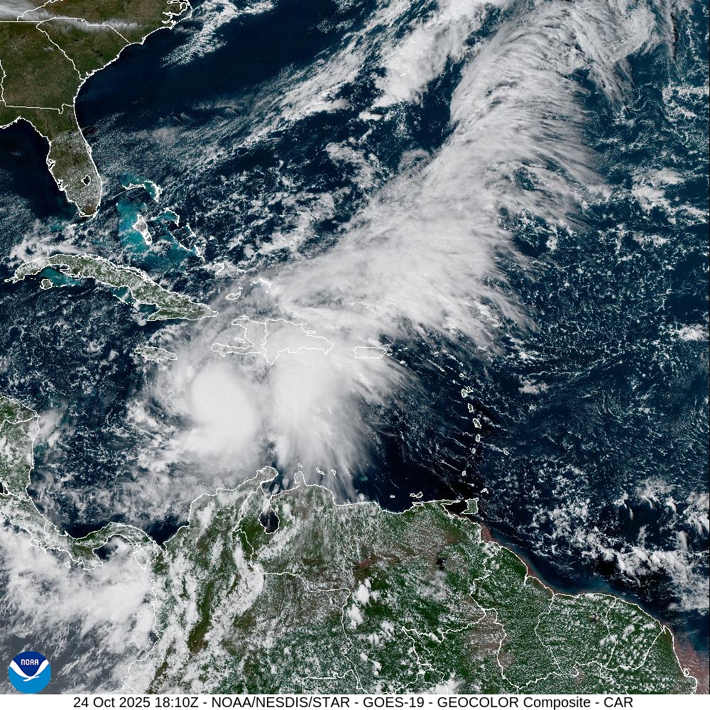 Satellite image of Tropical Storm Melissa captured on Oct 24, 2025.