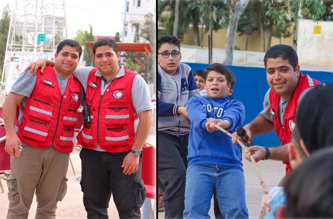 Jordan Red Crescent volunteers Mahmoud and Ezz Al-Din Al-Hassan, with one shown taking part in a children’s tug-of-war game. 