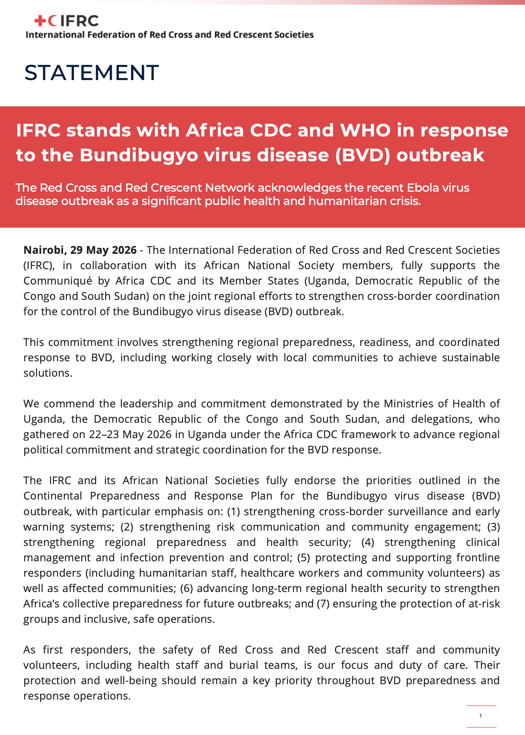 IFRC statement of support of Africa CDC and WHO communiqué on cross-border cooperation for the control of the Bundibugyo virus disease cover
