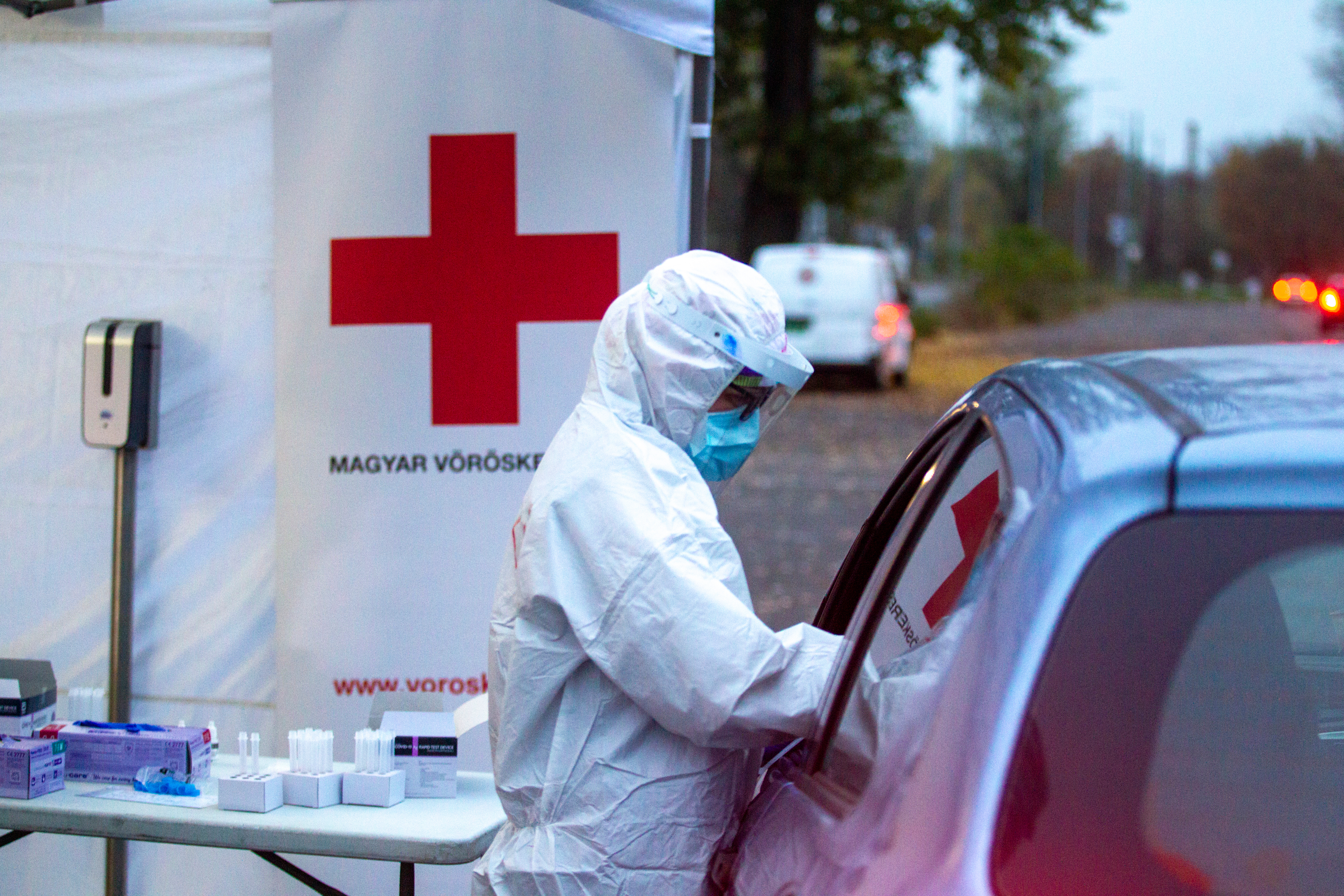 Budapest, Hungary. November 2020. Volunteers and staff from Hungarian Red Cross are involved in widespread mobile COVID-19 testing in the capital and across the country as Hungary experiences an alarm
