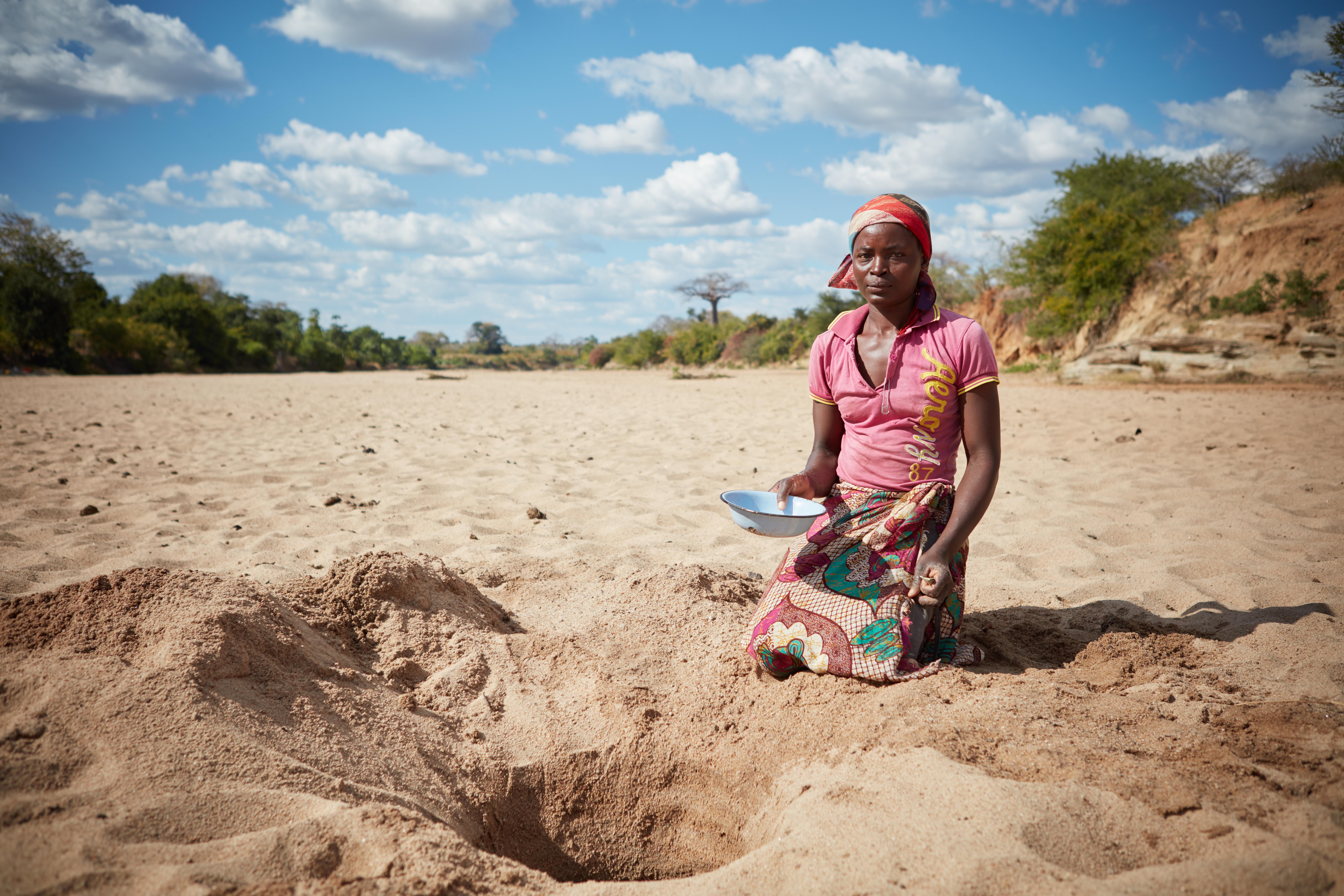 Zimbabwe. May 15, 2016. During a devastating drought that is gripping the region, local communities are sometimes forced to dig a dry riverbed to obtain a small amount of water.