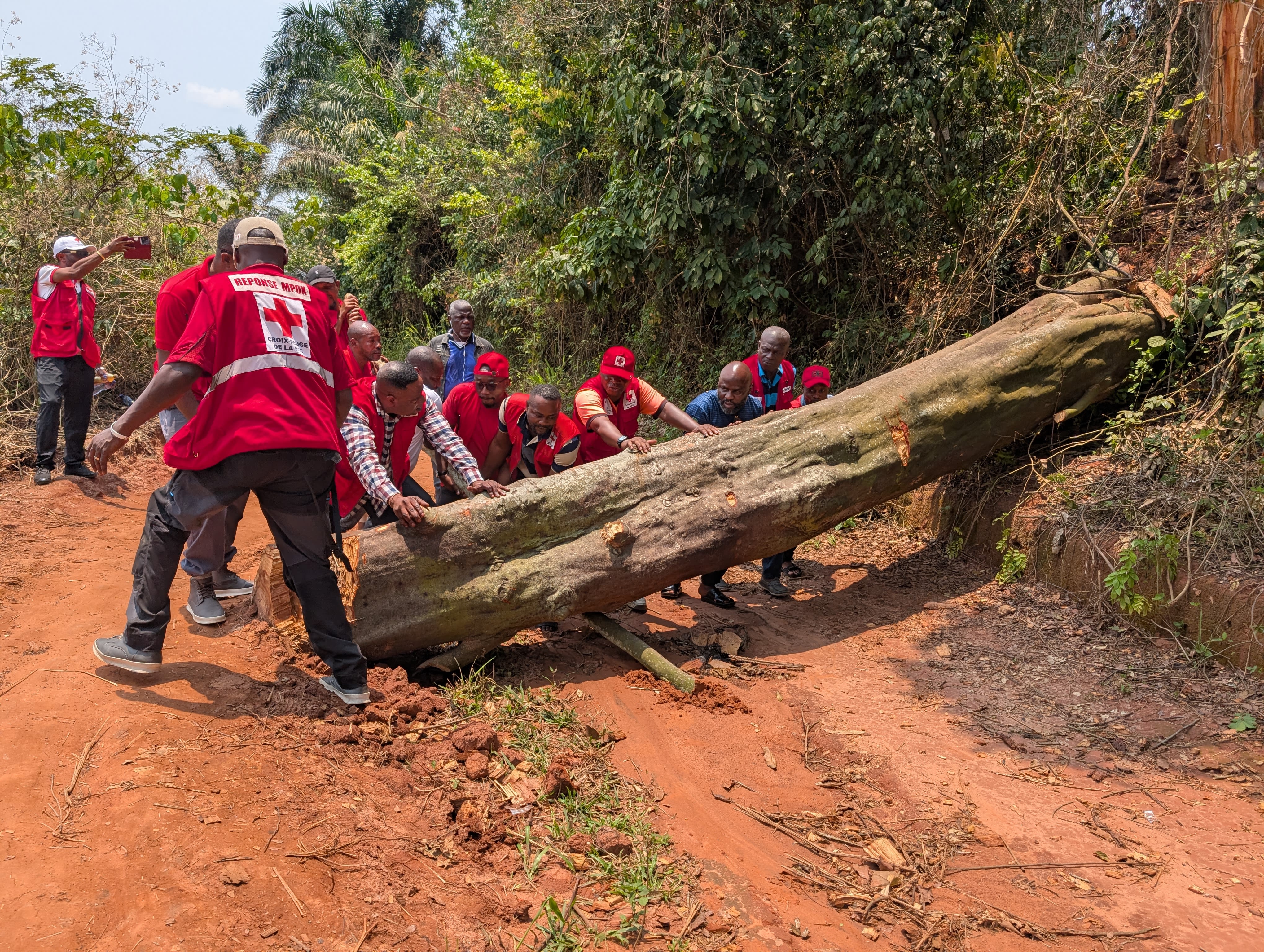The volunteers are removing a log that had fallen on the road.