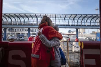 ving goodbye: Camille bids farewell to an unaccompanied minor who crossed the sea alone and found safety on the Ocean Viking for four days. Credit: Camille Martin Juan/SOS MEDITERRANEE