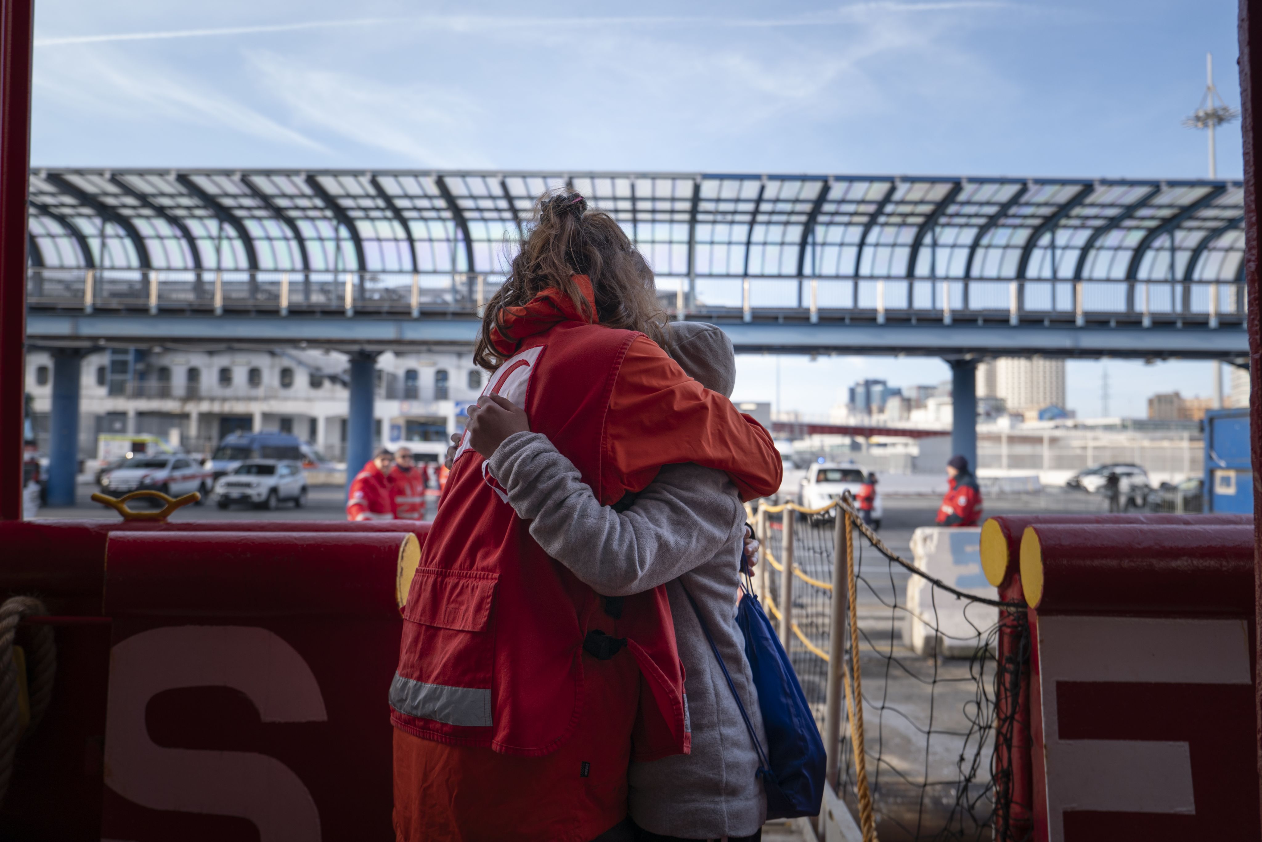 A moving goodbye: Camille bids farewell to an unaccompanied minor who crossed the sea alone and found safety on the Ocean Viking for four days.  Credit: Camille Martin Juan/SOS MEDITERRANEE  