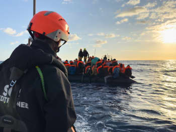 An Ocean Viking crew member aboard the fast-moving rescue boats that are sent from the main vessel to meet with boats in distress.