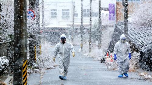 Japan Red Cross Society volunteers dressed in protective equipment walk around Namie Town to help evacuate residents following the Fukushima Daiichi Nuclear Power Plant accident