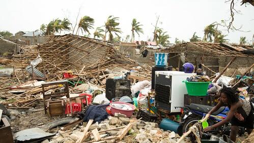 Houses are completely destroyed in Praia Nova, Mozambique following Cyclone Idai in March 2019