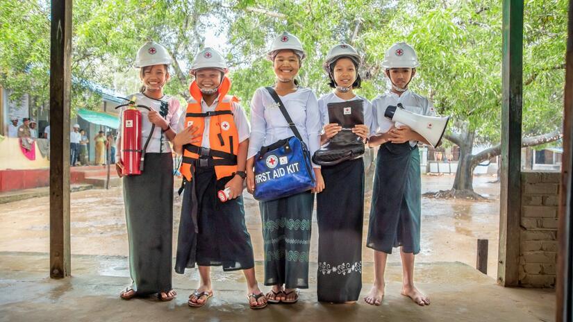 The American Red Cross and Myanmar Red Cross team up to deliver earthquake preparedness training and exercises in schools in Myanmar so they can know how to stay safe in a crisis.