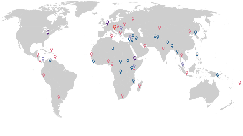 A map illustrating the global presence of the IFRC and our many offices around the world
