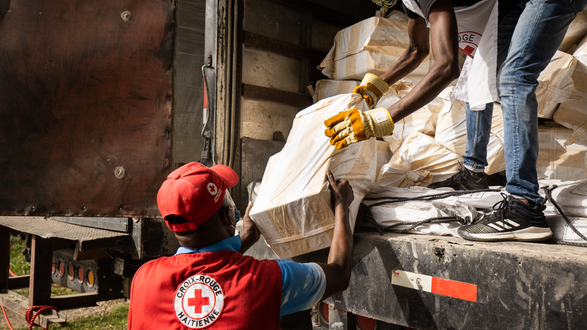 L'équipe de secours de l'IFRC et les volontaires de la Croix-Rouge haïtienne sur un site de distribution à la Ferme Leblanc après le tremblement de terre du 14 août.