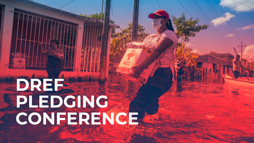 Laura, a volunteer with the Mexican Red Cross, wades through flood water in Tabasco in November 2020 to urgently provide relief items to affected communities also contending with the COVID-19 pandemic.