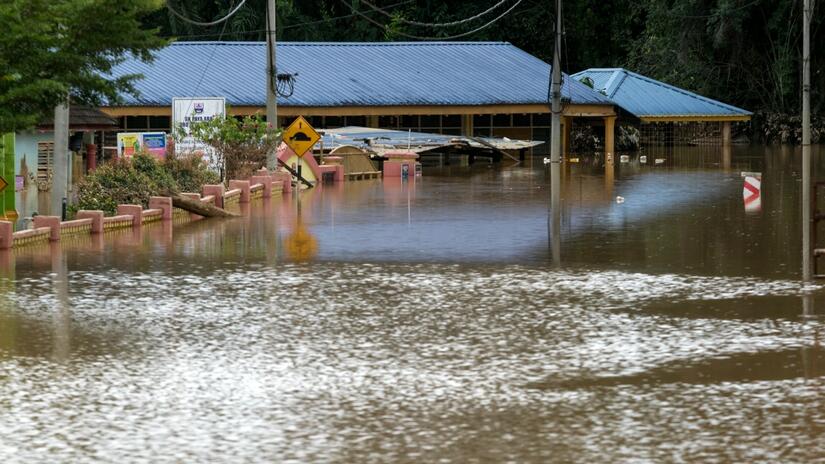 Flood waters in Temerloh, Malaysia in summer 2021 submerged roads and buildings