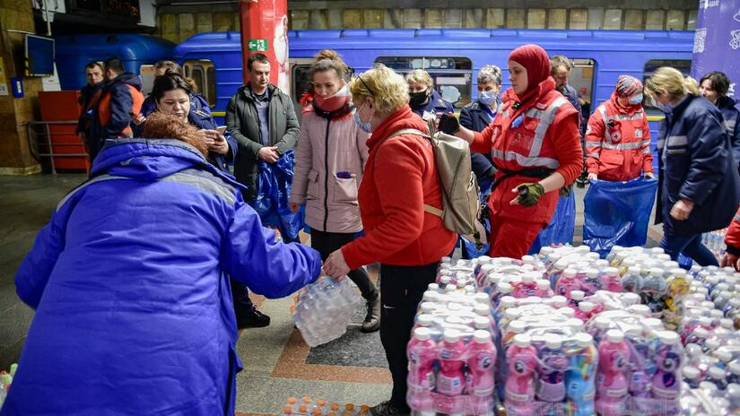 Ukrainian Red Cross volunteers have been providing thousands of people sheltering in subway stations due to the conflict with food and basic necessities