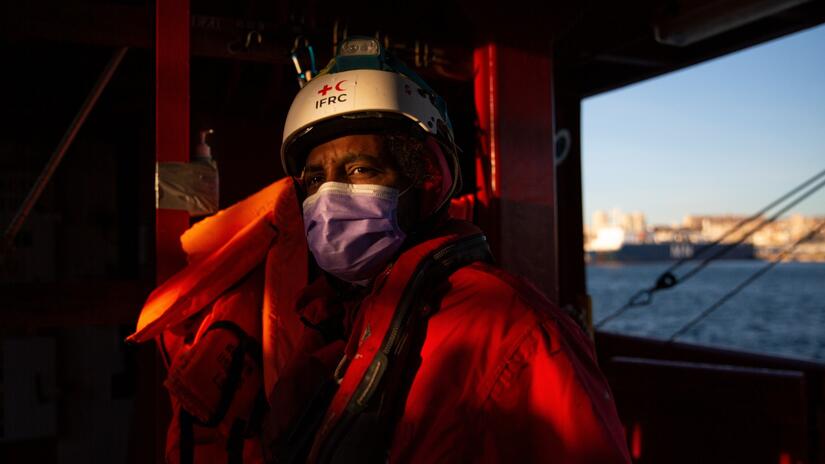 Abdel, a cultural mediator with the Italian Red Cross, stands on board the Ocean Viking rescue ship where he provides assistance to people rescued from the central Mediterranean