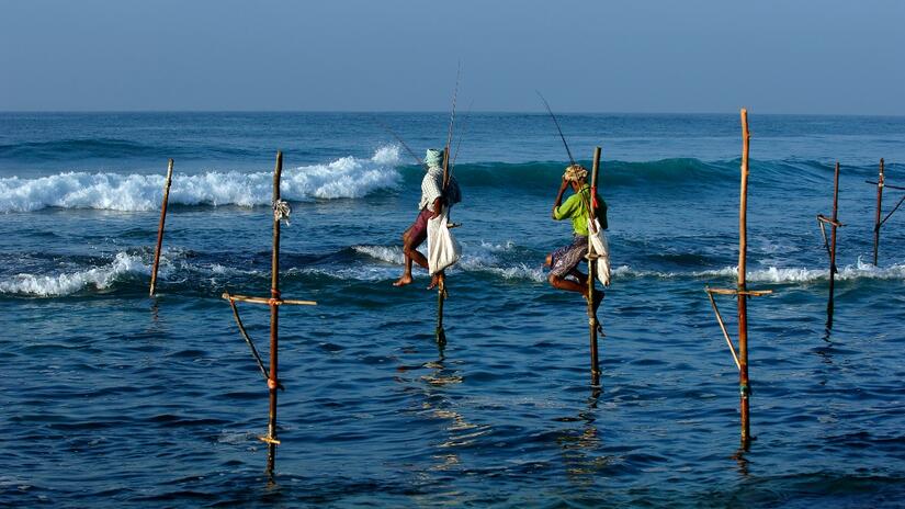 Fishermen on the south east coast of Sri Lanka sit on stilts in the sea awaiting their daily catch