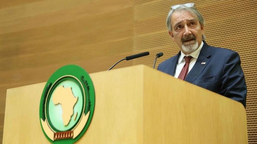 IFRC President Francesco Rocca addresses the African Union High-Level conference on food security and nutrition in Addis Ababa in October 2022.