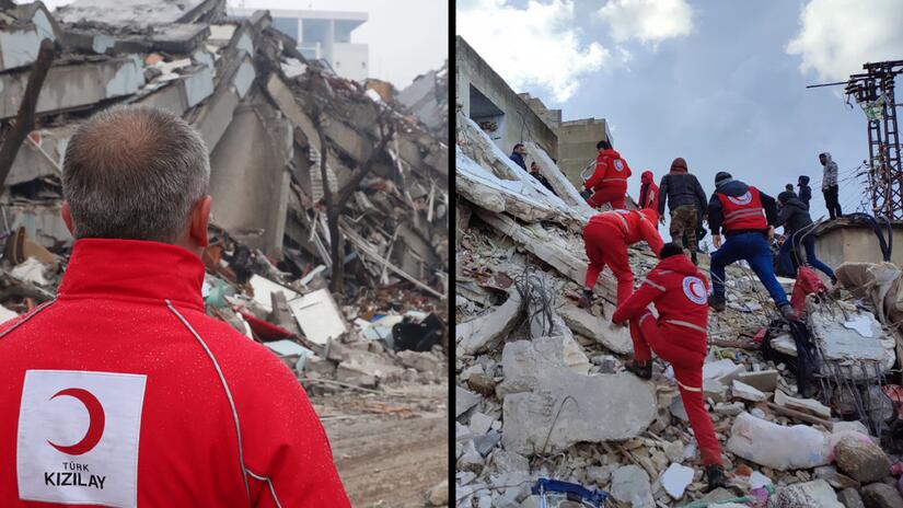 Voluntários do Crescente Vermelho Turco e do Crescente Vermelho Árabe Sírio correm para resgatar pessoas presas nos escombros depois que dois terremotos mortais ocorreram perto de Gazientep na madrugada de segunda-feira, 6 de fevereiro de 2023.