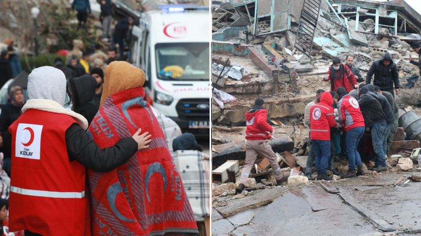 Imagem composta de voluntários do Crescente Vermelho Turco e do Crescente Vermelho Árabe Sírio apoiando as pessoas afetadas por um devastador terremoto de magnitude 7,7 no sudeste de Turkiye em 6 de fevereiro de 2023.